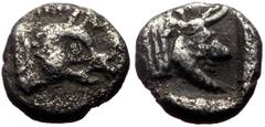 Greek Dynasts of Lycia, Uncertain dynast AR Obol (Silver, 0.87g, 9mm) ca 520-470/60 BC. Obv: Head of boar right; Δ on shoulder Rev: Head of a man-headed bull right. Ref: Falghera -; SNG Copenhagen Sup