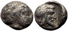 Greek Dynasts of Lycia, Kherei (?) AR Triobol (Silver, 1.56g, 12mm) ca 440-410 BC. Obv: Laureate head of Apollo right Rev: Bearded head of Kherei right, wearing Persian headdress in incuse circle. Cf.