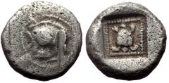 Greek *unpublished denomination* Dynasts of Lycia, Protodynastic Period, AR quarter stater (Silver, 2.91g, 13mm) ca 490-430 BC. Obv: Forepart of a boar to left. Rev: Sea turtle with collar within an i