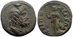 Roman Provincial Lydia, Tripolis, Quasi autonomous AE. (Bronze, 2.92g, 19mm.) 3rd century AD. Obv: Bearded and draped bust of Serapis, r., wearing modius. Rev: TΡIΠOΛEITΩN. Isis facing, head left, wea