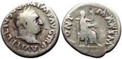 Roman Imperial Vitellius (68-69) AE Denarius (Silver, 2.81g, 19mm) Rome, 69. Obv: A VITELLIVS GERM IMP AVG TR P, laureate head of Vitellius right. Rev: PONT MAXIM, Vesta, veiled, seated on throne righ