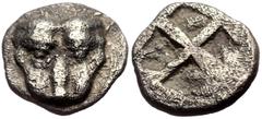 Greek Ionia, Samos AR Obol (Silver, 0.56g, 8mm) 510-465 BC. Obv: Head of panther facing. Rev: Quadripartite incuse square. Ref: Barron, The Siver Coins of Samos, pl. 5, 1a (Triobol).