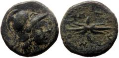Greek *It seems there is only 1 specimen recorded by acsearch* Lycia, Olympus, AE (Bronze, 5,42g, 18mm) ca. 168-81 BC Obv: Head of Athena right Rev: OΛYMΠHNΩN, Winged thunderbolt Ref: Imhoof KM 1