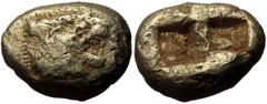 Greek Kings of Lydia, Unknown king, probably Alyattes (610–560) El Trite (Electrum, 4.68g, 13mm) Sardis 600–550, Milesian standard Obv: Lion’s head right, jaws open, with radiate globule on forehead. 