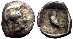 Greek Lycia, Uncertain Dynast AR Tetartemorion (Silver, 0.19g, 7mm) ca 400-300 BC. Obv: Head of Athena right Rev: Eagle standing left within pelleted square within incuse square, unclear legend Ref: W