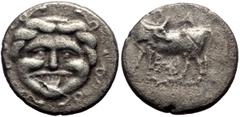 Greek Mysia, Parium AR Hemidrachm (Silver, 2.18g, 14mm) 4th century BC. Hemidrachm, 2.50g (11h). Obv: ΠΑ/ΡΙ. Cow standing left, head reverted. Rx: Gorgoneion facing, tongue protruding; around, six ser