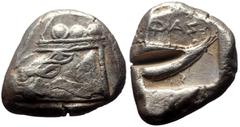 Greek Lycia, Phaselis AR Stater (21mm, 10,83g) ca 500-440 BC. Obv: Prow of galley left in the form of a forepart of a boar Rev: Stern of galley right within incuse square.
