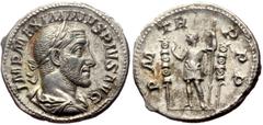 Roman İmperial Maximinus Thrax (235-238) AR Denarius (19mm, 3,30g) Rome Obv: MAXIMINVS PIVS AVG GERM, laureate bust right, draped & cuirassed Rev: PM TR P II COS P P, Maximinus standing left between t