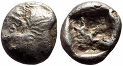 Greek Ionia, Uncertain AR Diobol or Triobol (Silver, 1.74g. 12mm) ca 550-500 BC Obv: Head of roaring lion left. Rev: Quadripartite incuse square. Ref: Unpublished in the standard references