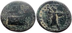Greek Lycia, Phaselis AE (4.01g, 22mm) ca 190-167 BC Obv: Prow of war galley right; Nike flying right above, crowning prow Rev: Φ-A, Athena standing right, wielding thunderbolt and holding aegis. Ref: