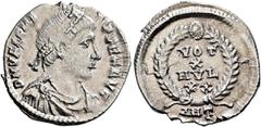 Roman Imperial Valens (364-378) AR Siliqua (19mm, 2g) Antiochia, 367-375. Obv: D N VALENS PER F AVG, Pearl-diademed, draped and cuirassed bust of Valens to right Rev: VOT / X / MVLT / XX, in four line