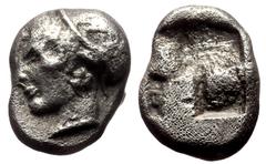 Greek Ionia, Phokaia AR Diobol (Silver, 1.29g, 10mm) ca 521-478 BC AR Diobol. Obv: Archaic female head left, wearing earring and helmet or close fitting cap. Rev: Incuse square. Ref: SNG Copenhagen 38
