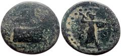 Greek Lycia, Phaselis AE (4.01g, 22mm) ca 190-167 BC, Obv: Prow of war galley right; Nike flying right above, crowning prow, Rev: Φ-A, Athena standing right, wielding thunderbolt and holding aegis; Re