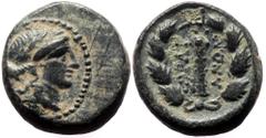 Greek Lydia, Sardes AE (4.03g, 15mm) ca 133 BC-AD 14 Obv: Laureate head of Apollo right, ΣΣP behind Rev: ΣAPΔI-ANΩN, club within oak wreath, monogram. Ref: GRPC Lydia 53.