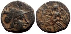 Greek Pamphylia, Side AE (Bronze, 2.79g, 14mm) 2nd-1st century BC. Obv: Helmeted head of Athena right Rev: ΣI-ΔHTΩN, Nike advancing left, holding wreath and palm; pomegranate before. Ref: SNG Copenhag