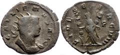Roman imperial *Unlisted in OCRE, 1 specimen recorded by acsearch.info* Gallienus (253-268) Bl silvered Antoninianus (3.58g, 23mm), Mediolanum, 262. Obv: GALLIENVS AVG Radiate and cuirassed bust of Ga
