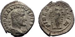 Roman Imperial Maximinus Thrax (235-238) AR denarius (silver, 2,65 g, 20 mm), Rome Obv: IMP MAXIMINVS PIVS AVG: Bust of Maximinus I, laureate, draped, cuirassed, right Rev: FIDES MILITVM: Fides, drape