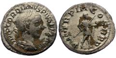 Roman Imperial Gordian III (238-244) AR Denarius (silver, 2,56 g, 19 mm) Rome Obv: IMP GORDIANVS PIVS FEL AVG: Bust of Gordian III, laureate, draped, cuirassed, righ Rev. P M TR P III COS II P P: Gord