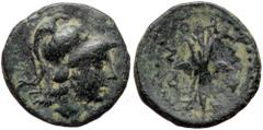 Greek Lycia, Olympus, AE (bronze, 4,32 g, 19 mm) ca. 168-81 BC Obv: Head of Athena right Rev: OΛYMΠHNΩN, Winged thunderbolt Ref: Imhoof KM 1