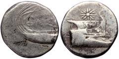 Greek Lycia, Phaselis, AR stater (22mm, 10.35 gm, 6h), ca. 250-220 BC, struck under magistrate. Obv: Prow of galley right, star above. Rev: ΦAΣ[H], stern of galley left, KA[…]OM[…] above. Ref: SNG von