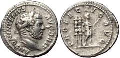 Roman Imperial Caracalla (198–217), AR denarius (Silver, 19,4 mm, 2,98 g), 213. Obv: ANTONINVS PIVS - AVG BRIT, laureate head of Caracalla, bearded. Rev: PROFECTIO AVG, Caracalla standing half-right i