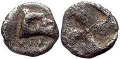 Greek Troas, Kebren AR Tetartemorion (Silver 0,20g 7mm) 5th century BC. Troas, Kebren AR Tetartemorion (Silver 0,20g 7mm) 5th century BC. Obv: KEBPE, Ram’s head right Rev: Quadripartite incuse square.