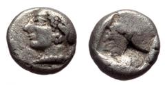 Greek Ionia, Phokaia AR Diobol (Silver, 1,22g, 8mm) ca 521-478 BC Ionia, Phokaia AR Diobol (Silver, 1,22g, 8mm) ca 521-478 BC Obv: Head of nymph left, wearing sakkos and earring. Rev: Quadripartite in