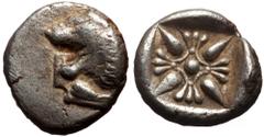 Greek Ionia, Miletos AR diobol (Silver, 11mm, 1.09g) Late 6th-early 5th centuries BC Ionia, Miletos AR diobol (Silver, 11mm, 1.09g) Late 6th-early 5th centuries BC Obv: Forepart of lion right, head tu