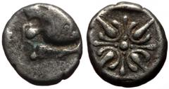 Greek Ionia, Miletos AR diobol (Silver, 9mm, 0.81g) Late 6th-early 5th centuries BC Ionia, Miletos AR diobol (Silver, 9mm, 0.81g) Late 6th-early 5th centuries BC Obv: Forepart of lion right, head turn