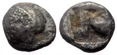 Greek Ionia, Phokaia AR Diobol (Silver, 1.04g, 9mm) ca 510-490 BC. Ionia, Phokaia AR Diobol (Silver, 1.04g, 9mm) ca 510-490 BC. Obv. Head of nymph left, wearing sakkos and earring. Rev. Quadripartite 