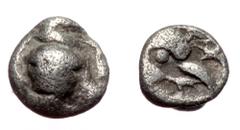 Greek Ionia, Ephesos AR Tetartemorion (Silver, 0.18g, 5mm) ca 500-420 BC. Ionia, Ephesos AR Tetartemorion (Silver, 0.18g, 5mm) ca 500-420 BC. Obv: Bee Rev: Head of eagle to right; EΦ (?) above; all wi