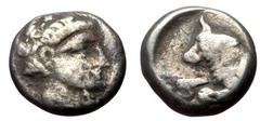 Greek SATRAPS of CARIA, Hekatomnos, (ca. 392-376 BC) AR diobol (Silver, 1.21g, 10mm) SATRAPS of CARIA, Hekatomnos, (ca. 392-376 BC) AR diobol (Silver, 1.21g, 10mm) Obv: Laureate head of Apollo right R