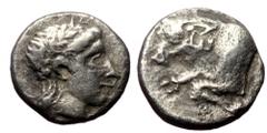 Greek SATRAPS of CARIA. Hekatomnos. Circa 392-376 BC. AR Diobol (Silver, 1.30g, 11mm) Mylasa SATRAPS of CARIA. Hekatomnos. Circa 392-376 BC. AR Diobol (Silver, 1.30g, 11mm) Mylasa Obv: Mylasa mint. La