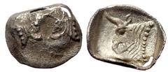 Greek Caria or Lycia, uncertain, AR tetartemorion (Silver, 0.14g, 9mm) ca. 5th cent BC Caria or Lycia, uncertain, AR tetartemorion (Silver, 0.14g, 9mm) ca. 5th cent BC Obv: Confronted heads of two bul