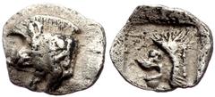 Greek Mysia, Kyzikos AR Tetartemorion (Silver 0,18g 7mm) ca 480-450 BC. Mysia, Kyzikos AR Tetartemorion (Silver 0,18g 7mm) ca 480-450 BC. Obv: Forepart of boar to left; tunny to right Rev: Head of roa