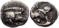 Greek Mysia, Kyzikos AR hemiobol (Silver, 0,33g, 7mm) ca 525-475 BC. Mysia, Kyzikos AR hemiobol (Silver, 0,33g, 7mm) ca 525-475 BC. Obv: Forepart of boar right with tall mane and dotted truncation; to