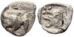 Greek Mysia, Cyzicus, AR tetartemorion (Silver, 9,9 mm, 0,31 g), 5th century BC. Mysia, Cyzicus, AR tetartemorion (Silver, 9,9 mm, 0,31 g), 5th century BC. Obv: Forepart of boar left, tunny upward beh