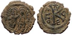Byzantine Justin II and Sophia (565-578) AE Half Follis (Bronze, 6.48g, 25mm) Thessalonica. Justin II and Sophia (565-578) AE Half Follis (Bronze, 6.48g, 25mm) Thessalonica. Obv: DN IVSTINVS PP AVG, J