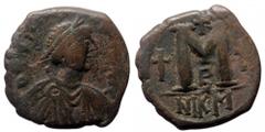 Byzantine JUSTIN I JUSTINIAN I (527),Nicomedia, AE follis (Bronze, 17.51g, 34mm) JUSTIN I JUSTINIAN I (527),Nicomedia, AE follis (Bronze, 17.51g, 34mm) Obv: D N IVSTIN IVSTINIA. Diademed, draped and c