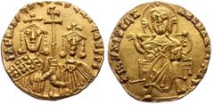 Byzantine Basil I (867-886) AV Solidus (Gold, 4.38g, 20mm) 868-879. Basil I (867-886) AV Solidus (Gold, 4.38g, 20mm) 868-879. Obv: + IhS XPS RX RGNANTI Christ, nimbate, seated facing on throne, his ri