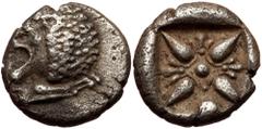 Greek Ionia, Miletos, AR Diobol (silver, 1,00 g, 9 mm), late 6th-early 5th cent. BC Obv: Forepart of lion right, head turned t Ionia, Miletos, AR Diobol (silver, 1,00 g, 9 mm), late 6th-early 5th cent