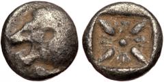 Greek Ionia, Miletos AR Diobol (Silver, 0.90g, 10mm) ca 550-400 BC. Ionia, Miletos AR Diobol (Silver, 0.90g, 10mm) ca 550-400 BC. Obv: Forepart of lion left Rev: stellate pattern within incuse square.