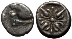 Greek Ionia, Miletos AR diobol (Silver, 9mm, 0.81g) Late 6th-early 5th centuries BC Ionia, Miletos AR diobol (Silver, 9mm, 0.81g) Late 6th-early 5th centuries BC Obv: Forepart of lion right, head turn