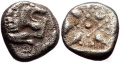 Greek Ionia, Miletos AR diobol (Silver, 1,08g, 9mm) Late 6th-early 5th century BC. Ionia, Miletos AR diobol (Silver, 1,08g, 9mm) Late 6th-early 5th century BC. Obv: Forepart of lion right, head revert