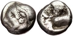 Greek Ionia, Phokaia AR diobol (Silver, 1.26g, 9mm) ca 521-478 BC Ionia, Phokaia AR diobol (Silver, 1.26g, 9mm) ca 521-478 BC Obv: Head of a nymph to left, wearing a sakkos adorned with a central band