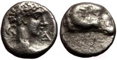 Greek Caria, Kasolaba AR Hemiobol (Silver, 0.44g, 8mm) ca 420-400 BC. Caria, Kasolaba AR Hemiobol (Silver, 0.44g, 8mm) ca 420-400 BC. Obv: Head of ram left Rev: Youthful male head right>Carian legend 