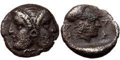 Greek Mysia, Lampsakos, AR Diobol (silver, 1,09 g, 10 mm) ca. 390-330 BC Obv: Diademed janiform female head, in circular earri Mysia, Lampsakos, AR Diobol (silver, 1,09 g, 10 mm) ca. 390-330 BC Obv: D