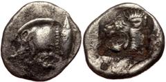 Greek Mysia, Kyzikos AR Diobol (Silver, 1.12g, 12mm) ca 525-475 BC Mysia, Kyzikos AR Diobol (Silver, 1.12g, 12mm) ca 525-475 BC Obv: Forepart of boar tunny-fish behind. Rev: Head of lion with open jaw