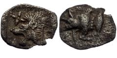 Greek Mysia, Cyzicus, AR hemiobol (Silver, 10,0 mm, 0,30 g), 5th century BC. Mysia, Cyzicus, AR hemiobol (Silver, 10,0 mm, 0,30 g), 5th century BC. Obv: Forepart of boar left, tunny upward behind. Rev