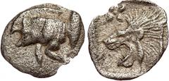 Greek Mysia, Kyzicos AR hemiobol (Silver, 0.27g, 10mm) ca. 5th cent. BC Mysia, Kyzicos AR hemiobol (Silver, 0.27g, 10mm) ca. 5th cent. BC Obv: Forepart of boar left, behind tunny Rev: head of lion lef